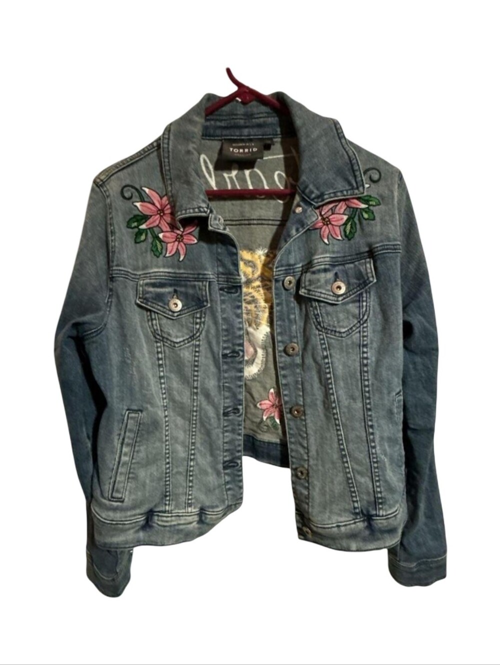 Torrid Fearless Embroidered Tiger Floral Denim Trucker Jacket Medium Wash Plus - Picture 7 of 16